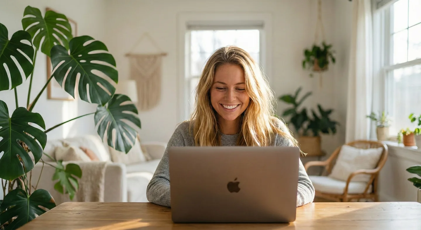Frau sucht am Laptop online nach Experten und Fachkräften.